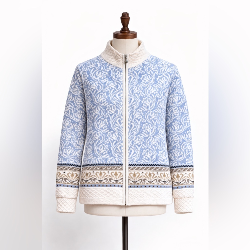 Northern Reflections Blue Damask Zip Cardigan L Cottagecore Y2K